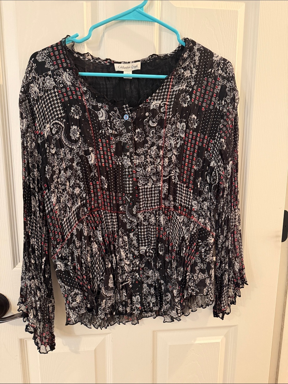 Coldwater Creek Black Floral Patchwork Blouse with Red Accents